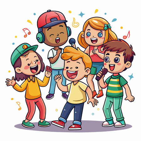 Happy kids singing karaoke with microphones and music notes.のイラスト素材