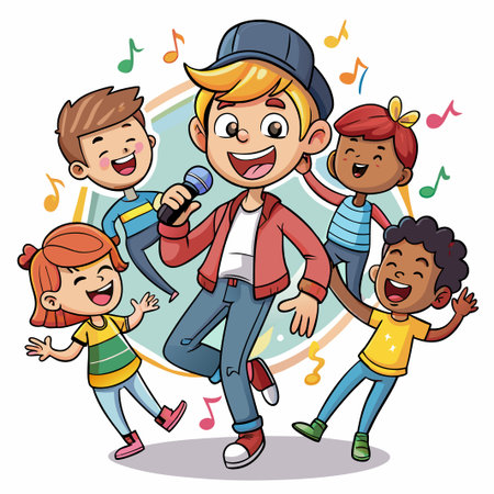 A group of happy children singing and dancing.のイラスト素材