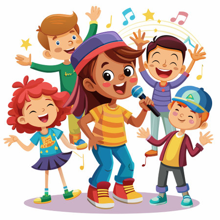 Happy kids singing and dancing together with musical notes.のイラスト素材