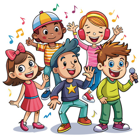 Four cartoon kids singing with musical notes in the air.のイラスト素材
