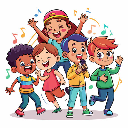 Four happy kids dancing and singing together with musical notes around them.のイラスト素材
