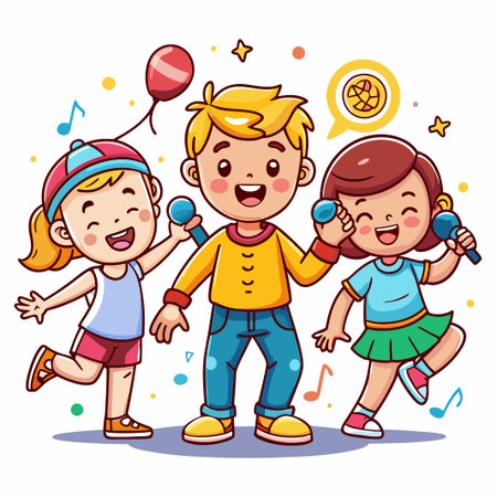 Three happy cartoon kids singing with microphones.のイラスト素材