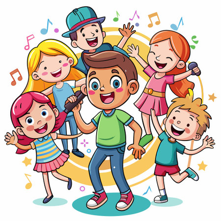 Five happy cartoon children singing and dancing with microphones and music notes around them.のイラスト素材