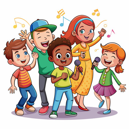 Five happy cartoon children sing with microphones together.のイラスト素材