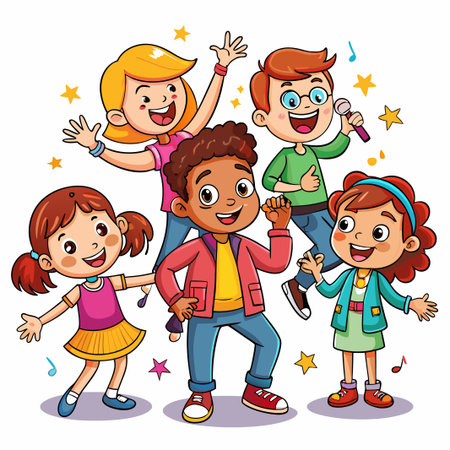 Happy children singing and dancing with microphones.のイラスト素材
