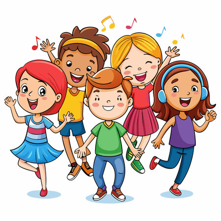 Happy kids singing and dancing with musical notes.のイラスト素材