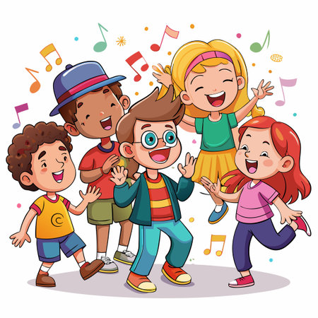 Four cheerful cartoon kids dancing and singing in a musical setting.のイラスト素材