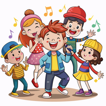 Four happy kids sing together and hold a microphone in hand.のイラスト素材