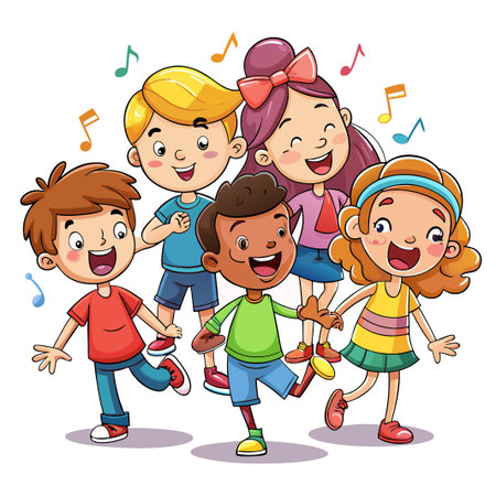 Four happy kids singing and dancing together.のイラスト素材
