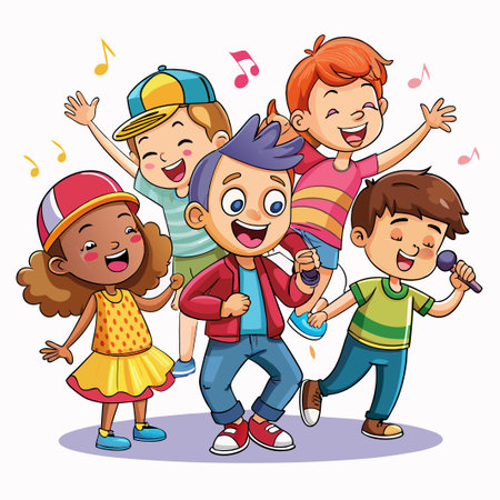 Four happy kids singing together with microphones and musical notes.のイラスト素材