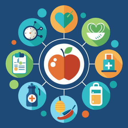A colorful infographic with a red apple at the center, surrounded by icons representing a healthy lifestyle, including a heart, a bowl, a clipboard, a bottle, a bag, and a honeycomb.のイラスト素材