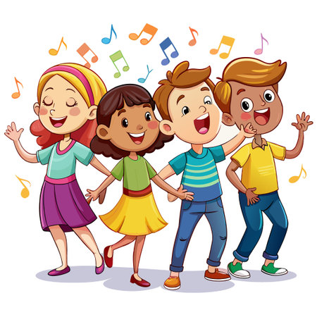 Four happy children are singing together with musical notes floating around them.のイラスト素材