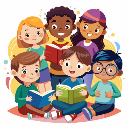 Group of diverse kids reading books together on a pink rug.のイラスト素材