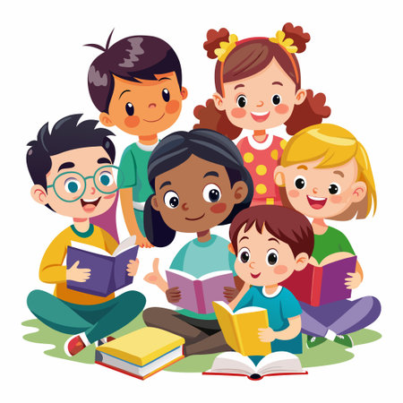 Group of happy children reading books together.のイラスト素材