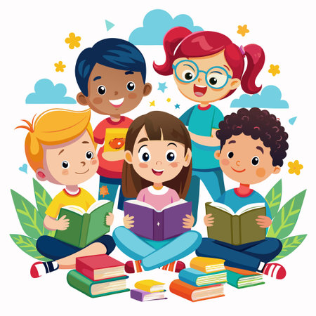 Group of kids reading books together.のイラスト素材
