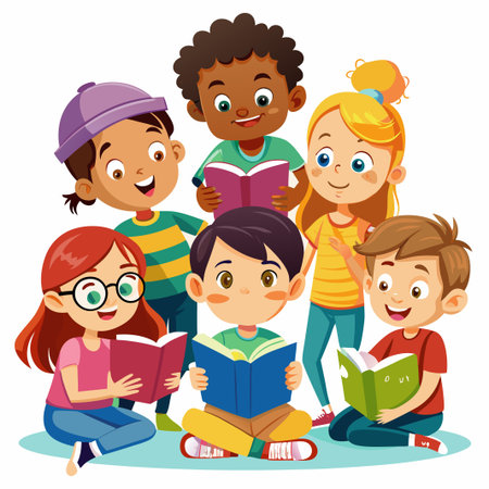 Group of kids sitting and reading books.のイラスト素材