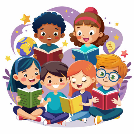 Group of happy kids reading books together.のイラスト素材
