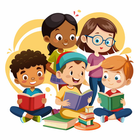 Group of happy kids reading books together, sitting on floor.のイラスト素材