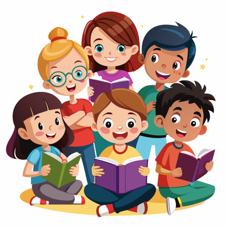 Group of diverse children sitting and reading books.のイラスト素材