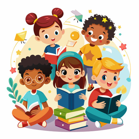 Diverse group of children enjoying reading books.のイラスト素材