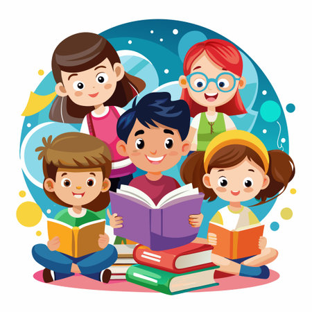 Four happy children sitting on the floor surrounded by books and reading.のイラスト素材