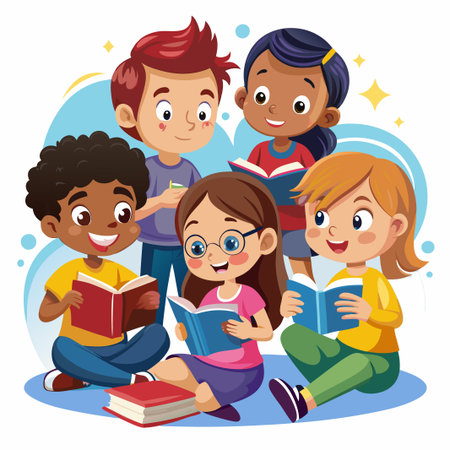 Four diverse kids reading books together.のイラスト素材