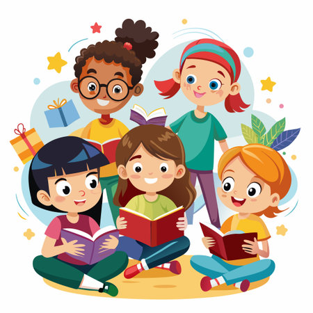 Four happy children reading books together.のイラスト素材