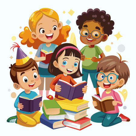 Happy children reading books together.のイラスト素材