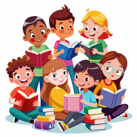 Happy Diverse Kids Reading Books Together.のイラスト素材