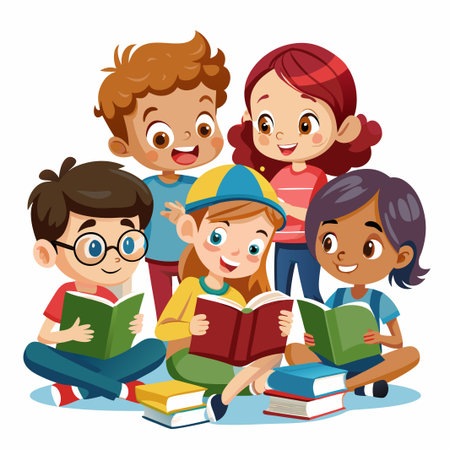 Group of four kids sitting on the floor and reading books together.のイラスト素材