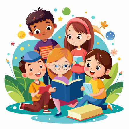 Four happy children reading books together, surrounded by colorful abstract shapes and plants.のイラスト素材