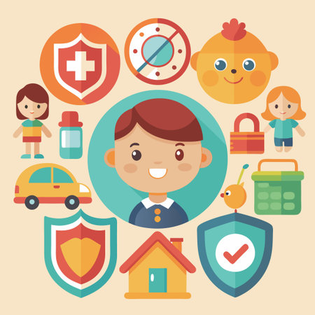Colorful flat icons for protection of children, family and home.のイラスト素材