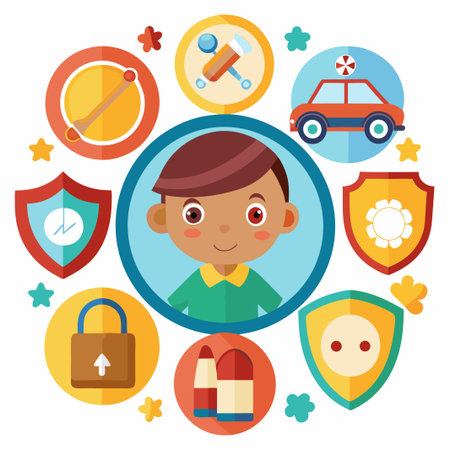 Smiling boy icon surrounded by colorful symbols representing various activities and hobbies.のイラスト素材