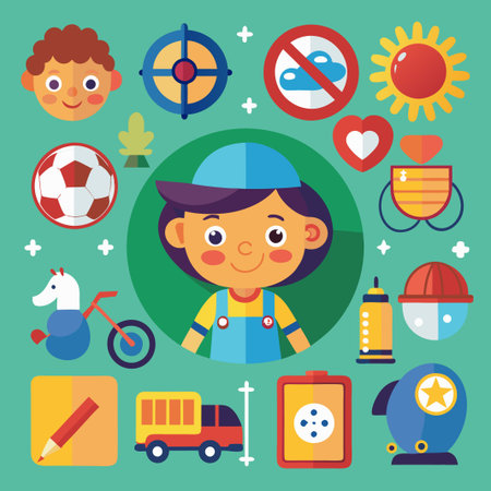 Happy child with colorful objects illustration for kids.のイラスト素材