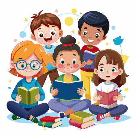 Four diverse children happily reading books together on a white background.のイラスト素材
