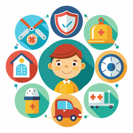 Happy smiling boy surrounded by medical and safety icons.のイラスト素材