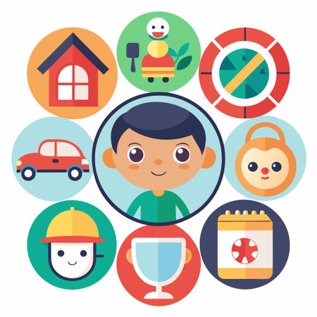 A happy boy surrounded by icons representing different aspects of his life, including a house, a car, a trophy, a padlock, and a calendar.のイラスト素材