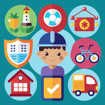 Happy young boy wearing a blue construction helmet surrounded by a colorful set of icons representing safety, health, and home.のイラスト素材