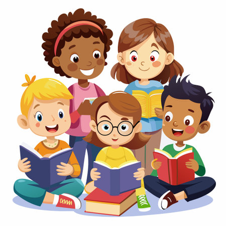Diverse group of children sitting on the floor reading books.のイラスト素材