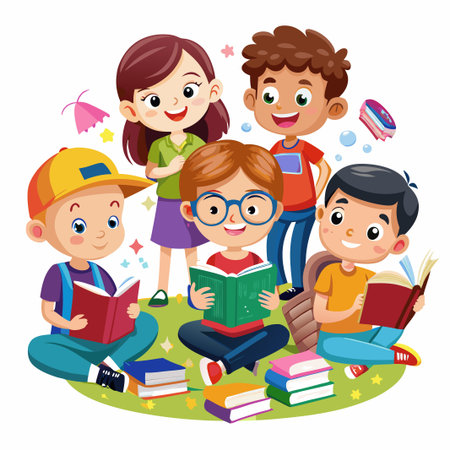 Four happy kids sitting on the grass and reading books.のイラスト素材