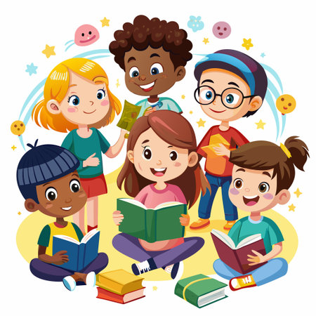 A group of diverse children sitting on the floor, reading books, smiling, and surrounded by stars and happy faces.のイラスト素材