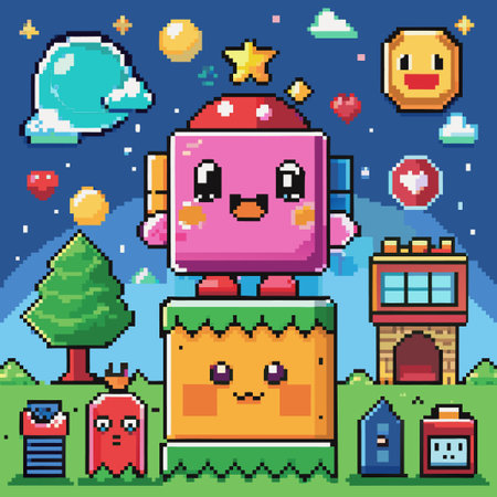 Pixelated Illustration of a Cute Character on a Platform with a Star, Hearts, Clouds and Other Pixelated Objects.のイラスト素材
