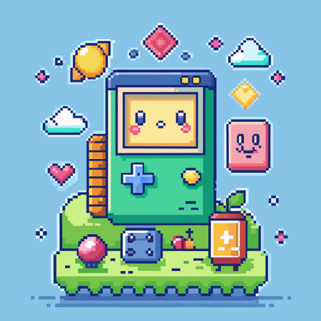 Pixel art illustration of a cute green game console with a heart, a cloud, and a dice.