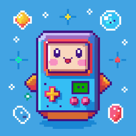 Pixelated character with a happy face and a control pad, surrounded by stars and planets in a blue background.のイラスト素材