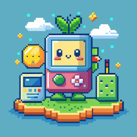 Cute pixelated character with a happy face, standing on a small island, surrounded by colorful objects and a blue sky.のイラスト素材