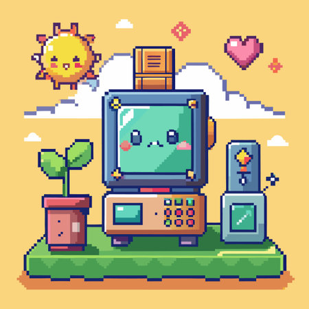 Pixel art illustration of a cute cartoon computer with a plant, heart, and sun.のイラスト素材