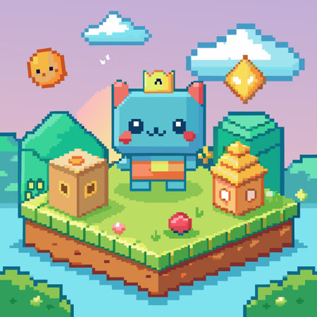 Pixelated cute cat character on a floating island with houses and clouds.のイラスト素材