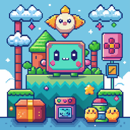 Pixel art landscape with a cute green character and various objects.