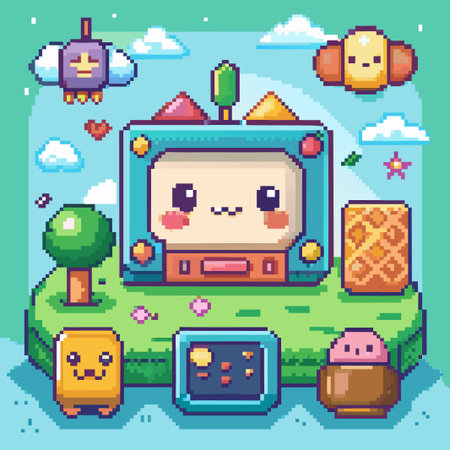 Cute pixel art characters on a green platform with a blue sky background.のイラスト素材