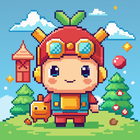 Pixelated character with goggles in a red suit standing on a green field with a tree behind them and a small house in the background.のイラスト素材